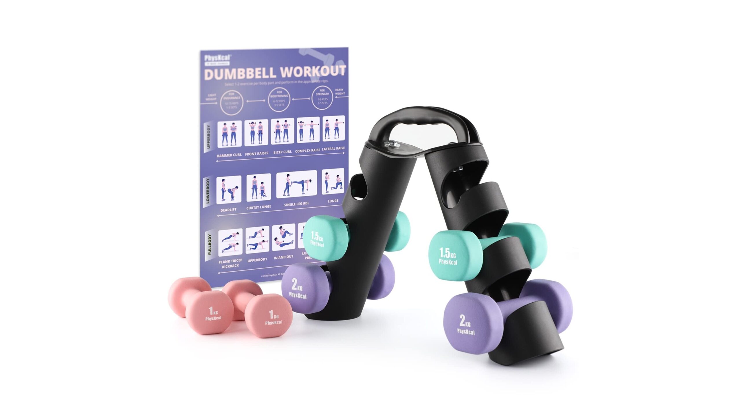PhysKcal dumbbells set of 6 with 360° rack, kit colorato per allenarsi in casa a un prezzo molto interessante