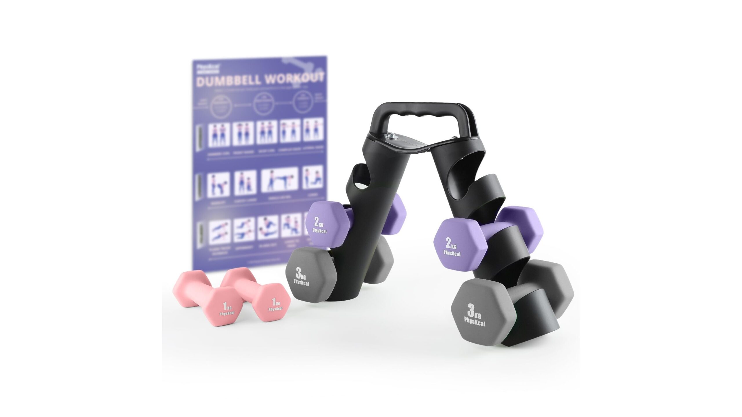 PhysKcal dumbbell set with rotating rack, colourful home weights that keep your living room tidy
