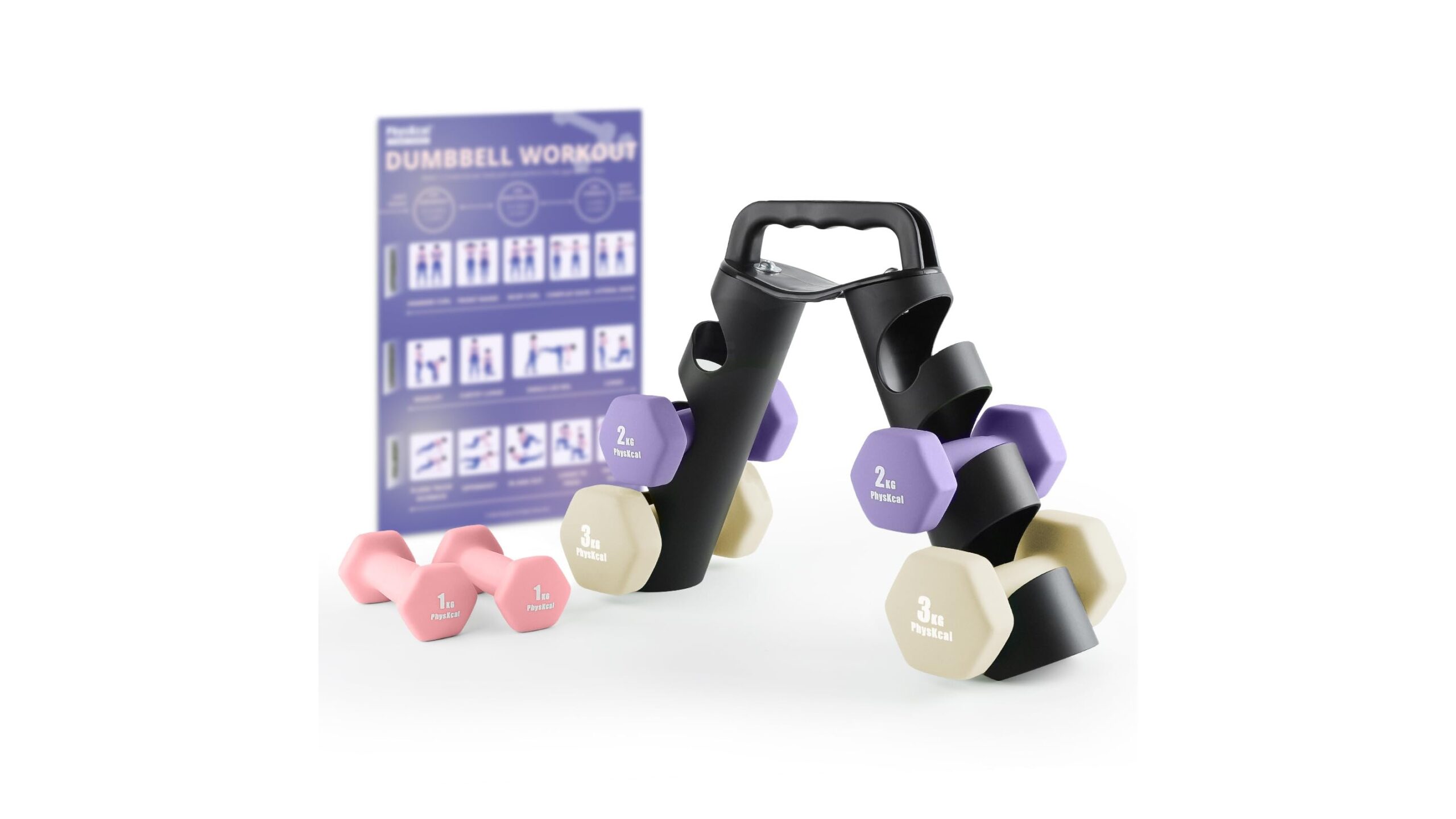 Set PhysKcal di 6 dumbbell con rack girevole, soluzione compatta per forza e tonificazione a casa