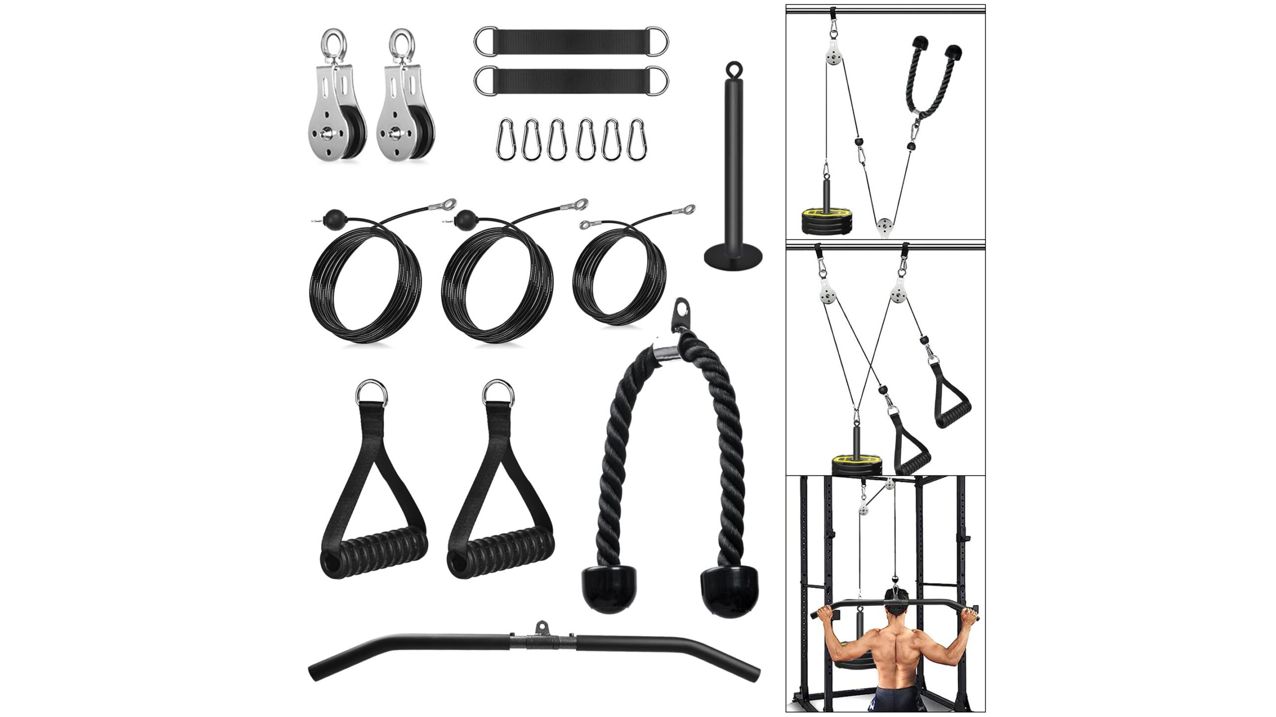 Home cable pulley system for lat and arm work, versatile compact machine featured on Amazon