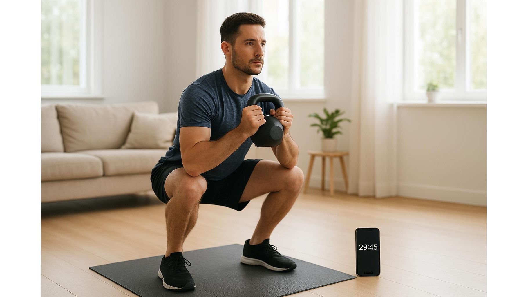 Full body 30-minute ladder workout for busy home athletes with one kettlebell and a mat