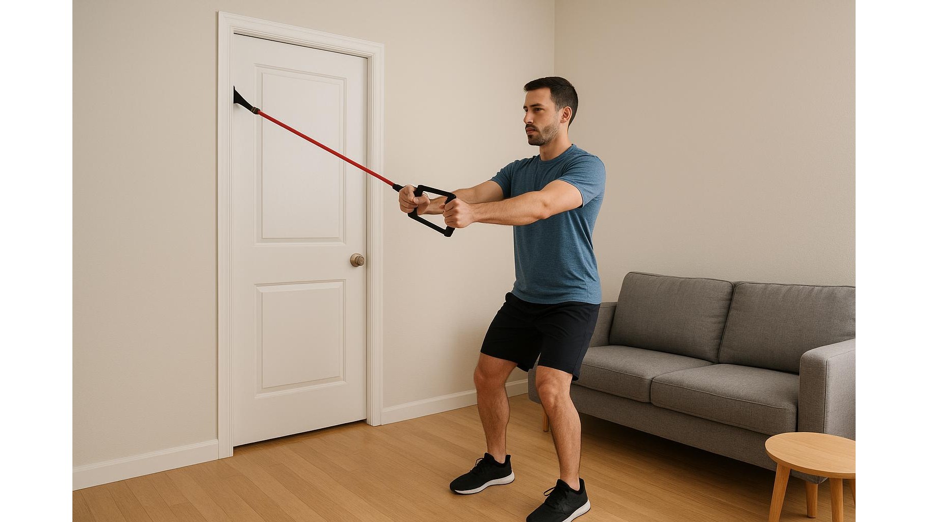 Full body strength and mobility workout for beginners with resistance bands and a doorframe