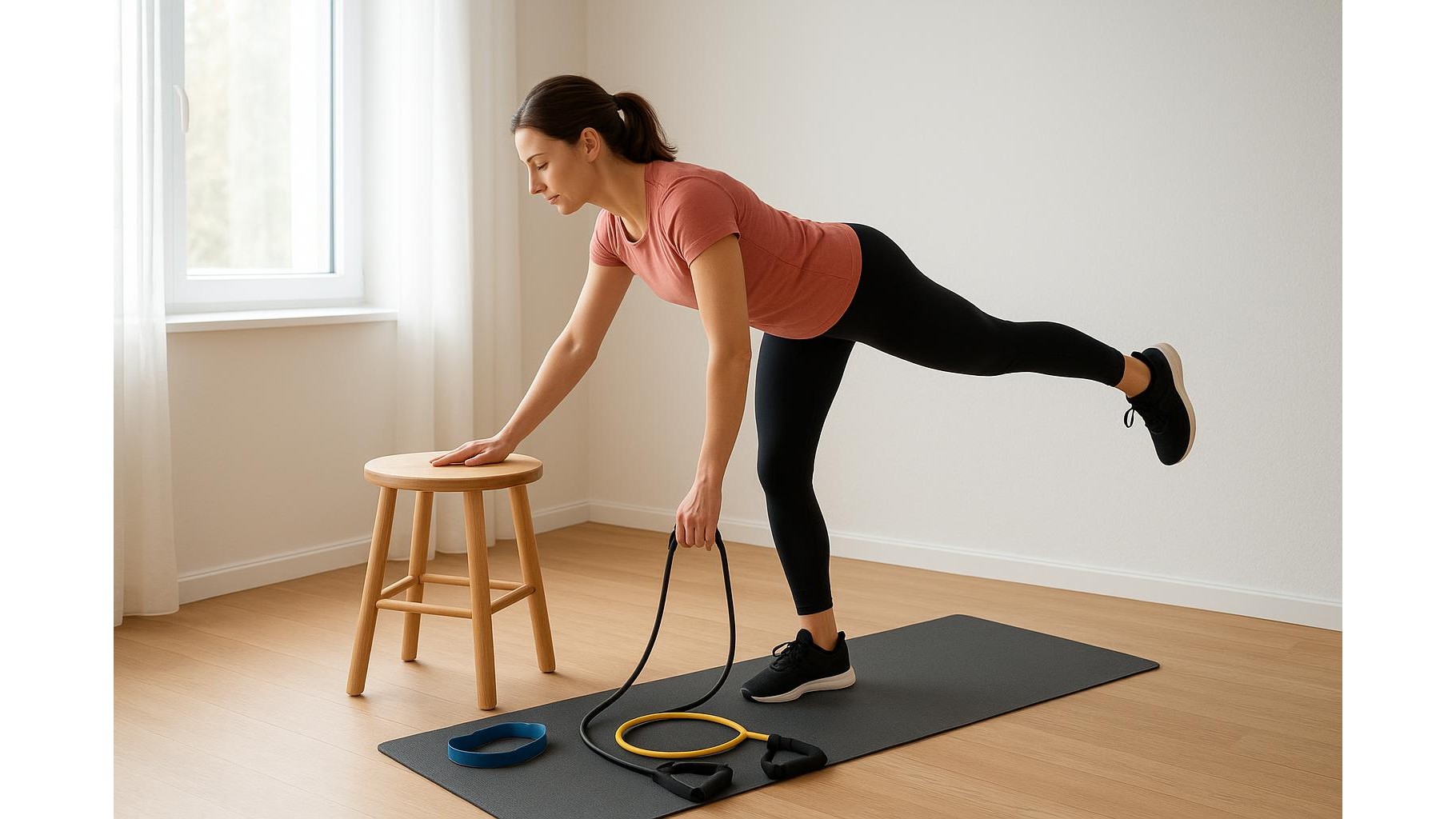 Full body strength and balance workout for home using a single stool and two resistance bands
