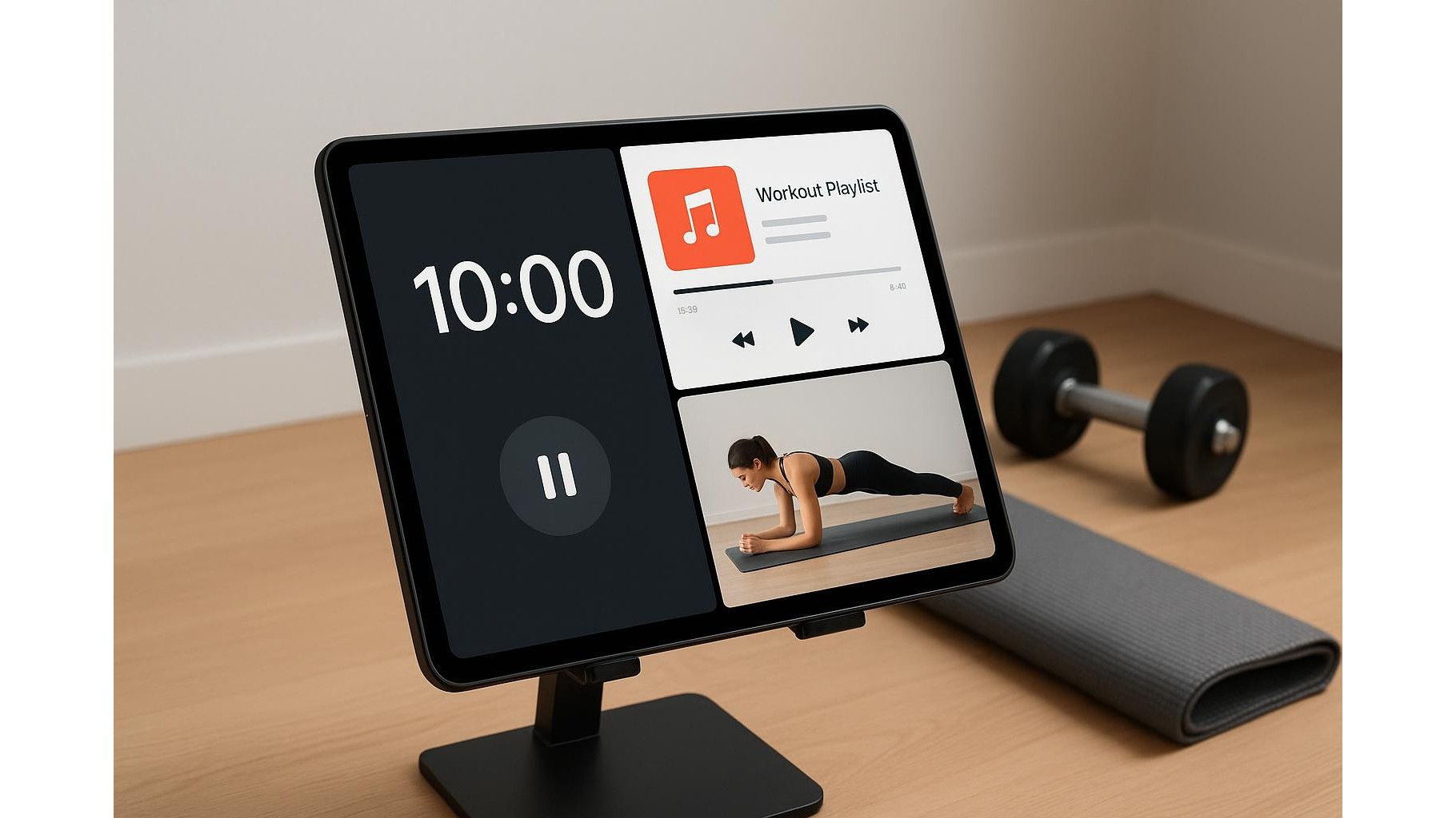One tablet, three tools: using your main device as timer, music hub and form-check screen at home