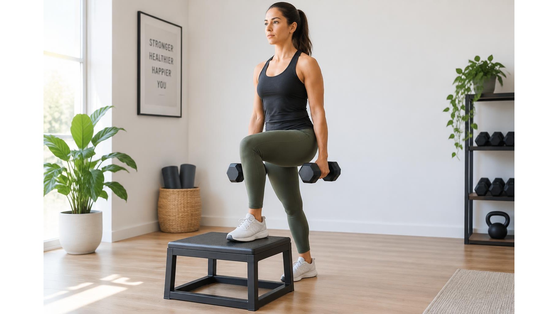 A 25-minute dumbbell and step workout for home athletic conditioning