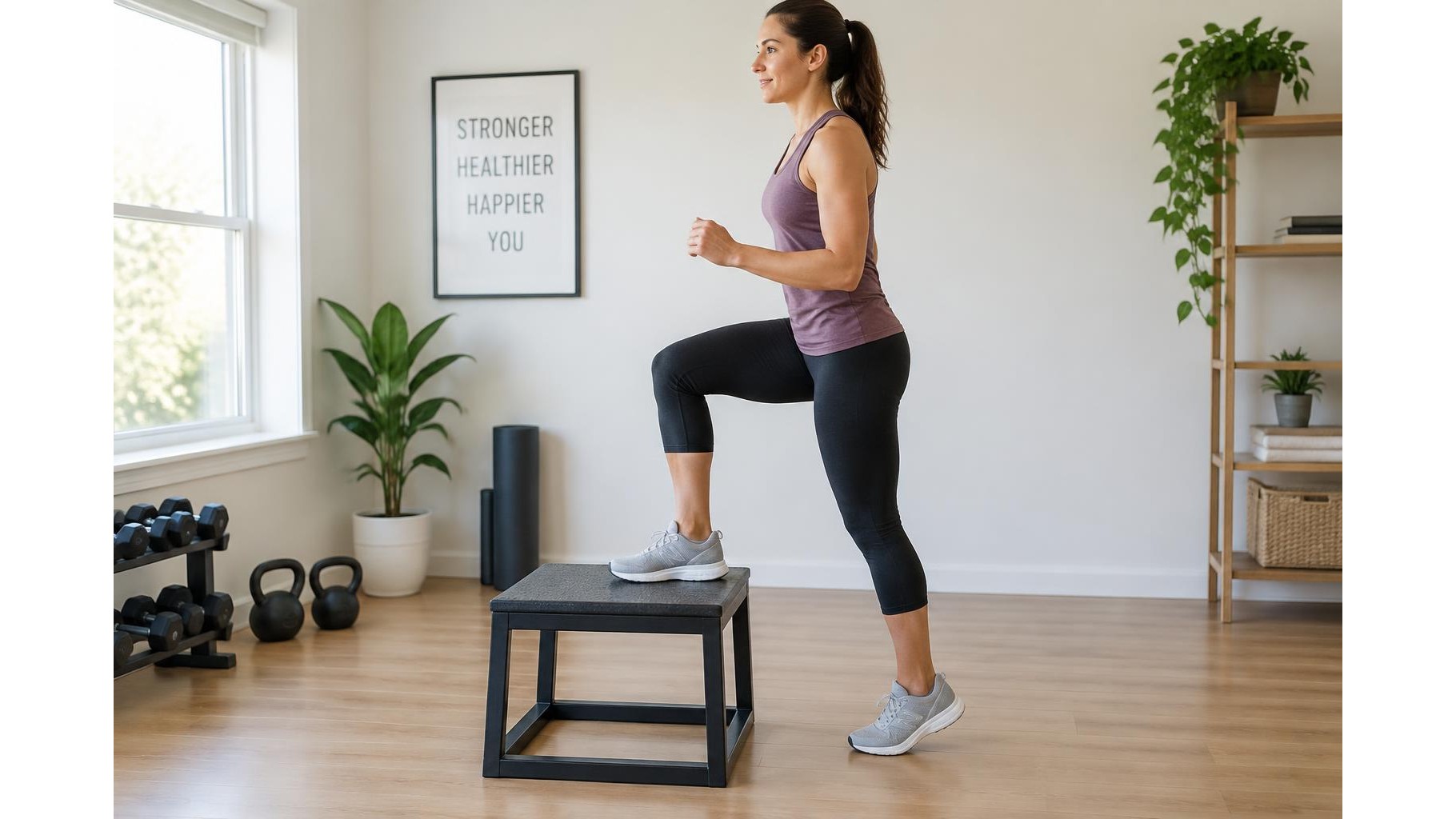 30-minute low-impact cardio and strength workout with a step platform