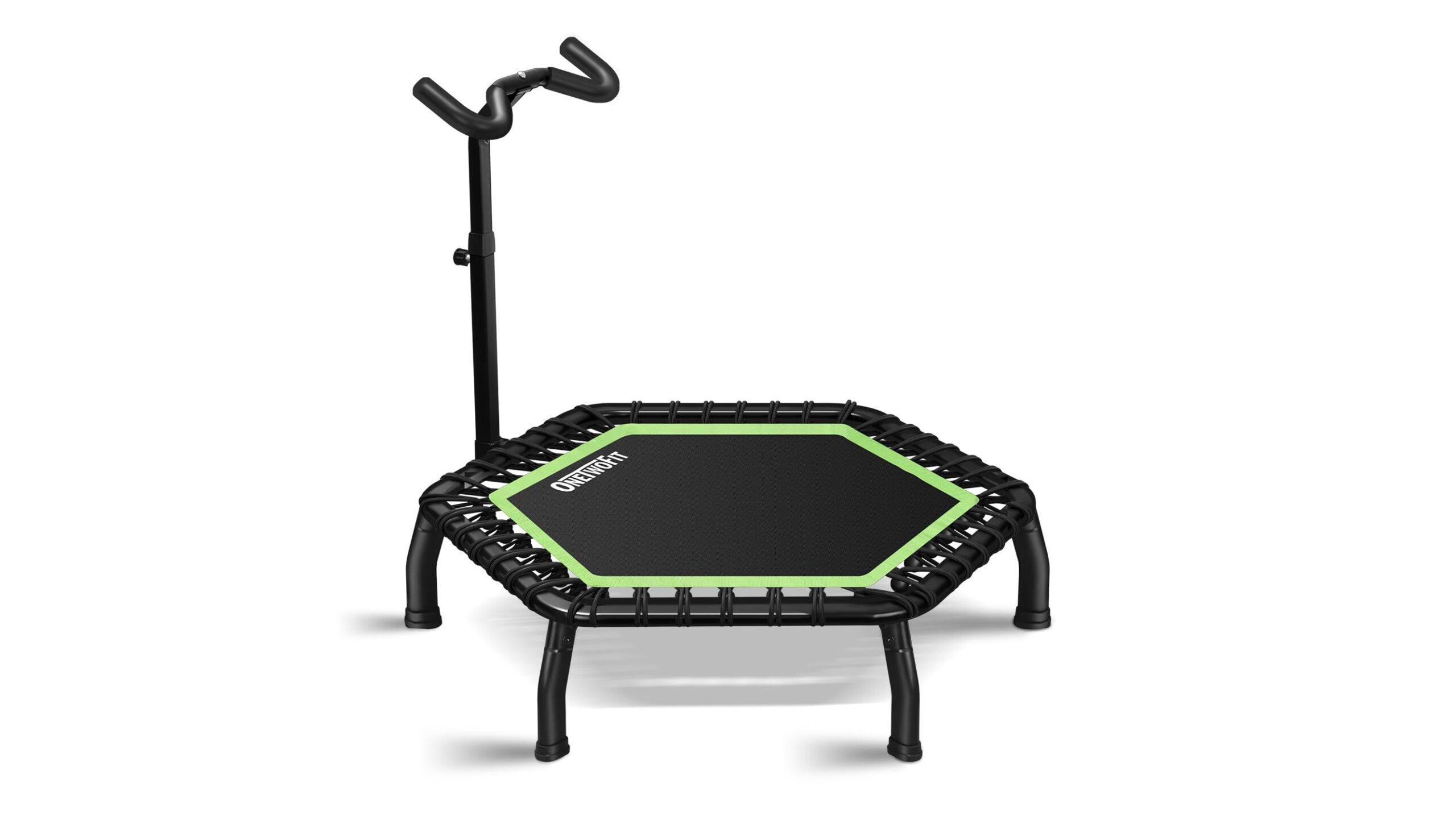 ONETWOFIT rebounder trampoline: a quiet indoor cardio option with a handlebar